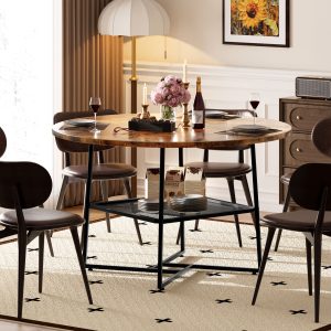Ustovian Round Dining Table for 4-6, 51" Round Kitchen Table with Storage Platform, Space-Saving Wood Kitchen & Dining Room Table, Mesa De Comedor Redonda (Brown)