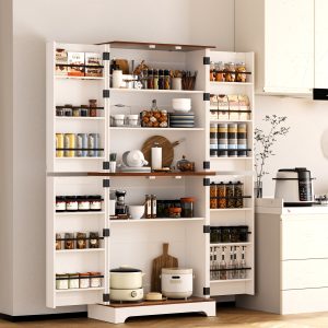 Ustovian 75" Tall Farmhouse Kitchen Pantry Cabinet, Rustic Wood Cupboard with Adjustable Shelves & Barn Style Door Shelves, Versatile Storage Cabinet for Kitchen, Living Room, Dining Room (White)
