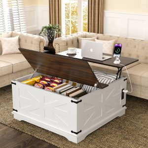 Ustovian 36" Square Lift-Top Coffee Table with Storage, Farmhouse Coffee Table with Power Outlet and USB Port, Center Table w/Wheels for Living Room, White