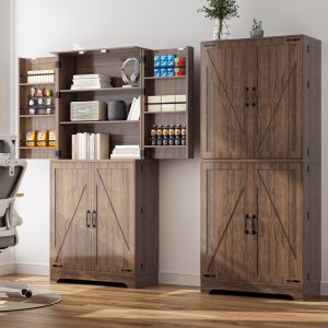 Ustovian 75″ Tall Farmhouse Kitchen Pantry Cabinet, Rustic Wood Cupboard with Adjustable Shelves & Barn Style Door Shelves, Versatile Storage Cabinet for Kitchen, Living Room, Dining Room (Brown)