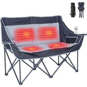 Slsy Oversized Heated Double Camping Chair, Folding 2 Person Camping Chair Loveseat, Fully Padded Duo Chair Camping Couch, Fold Up Double Camp Chair, Lawn Chairs, Camping Bench with Carrying Bag