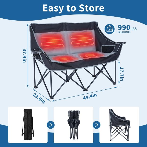 Slsy Oversized Heated Double Camping Chair, Folding 2 Person Camping Chair Loveseat, Fully Padded Duo Chair Camping Couch, Fold Up Double Camp Chair, Lawn Chairs, Camping Bench with Carrying Bag - Image 3