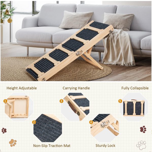 GENMOUS 30.5" Wooden Adjustable Dog Ramps for Bed,5 Levels Height Pet Steps for Small Dogs and Cats,Non-Slip Balanced Dog Indoor Outdoor Ramp,Wood Color - Image 9