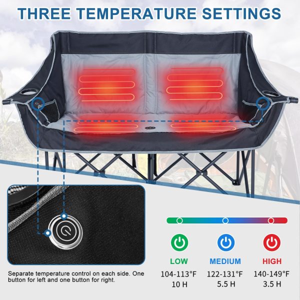 Slsy Oversized Heated Double Camping Chair, Folding 2 Person Camping Chair Loveseat, Fully Padded Duo Chair Camping Couch, Fold Up Double Camp Chair, Lawn Chairs, Camping Bench with Carrying Bag - Image 2
