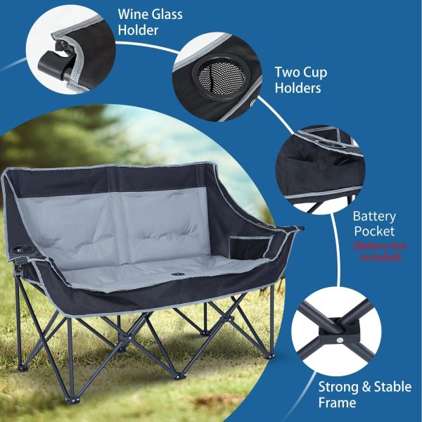 Slsy Oversized Heated Double Camping Chair, Folding 2 Person Camping Chair Loveseat, Fully Padded Duo Chair Camping Couch, Fold Up Double Camp Chair, Lawn Chairs, Camping Bench with Carrying Bag - Image 5