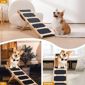 GENMOUS 30.5" Wooden Adjustable Dog Ramps for Bed,5 Levels Height Pet Steps for Small Dogs and Cats,Non-Slip Balanced Dog Indoor Outdoor Ramp,Wood Color